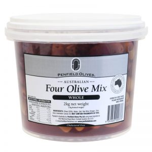 Penfield Olives food service page pic, 2kg Four Olive Mix in a clear container with a white lid.