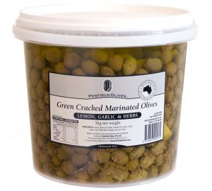 Penfield Olives food service page pic, 5kg Green Cracked Marinated Olives in Lemon, Garlic & Herbs in a clear container with a white lid.