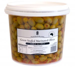 Penfield Olives food service page pic, 5kg Green Stuffed Marinated Olives in Garlic & Herbs in a clear container with a white lid.