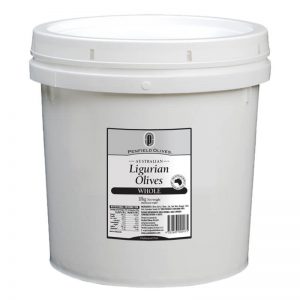 Penfield Olives food service page pic, 10kg Whole Ligurian Olives in a white container with a white lid.
