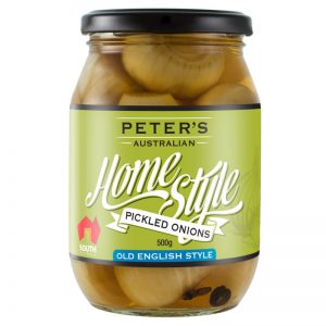 Penfield Olives - Peter’s Home Style Pickled Onions pic, green, black & white label on a glass jar.