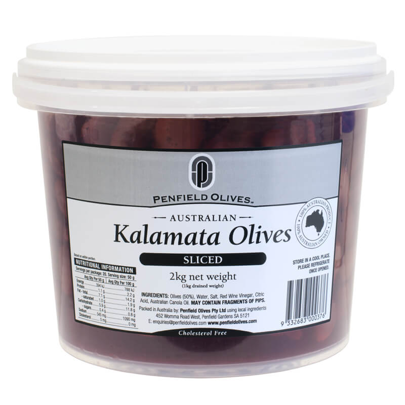 Penfield Olives food service page pic, 2kg sliced Kalamata olives in a clear container with a white lid.