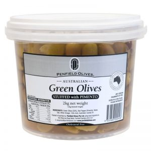 Penfield Olives food service page pic, 2kg Stuffed Green Olives in a clear container with a white lid.