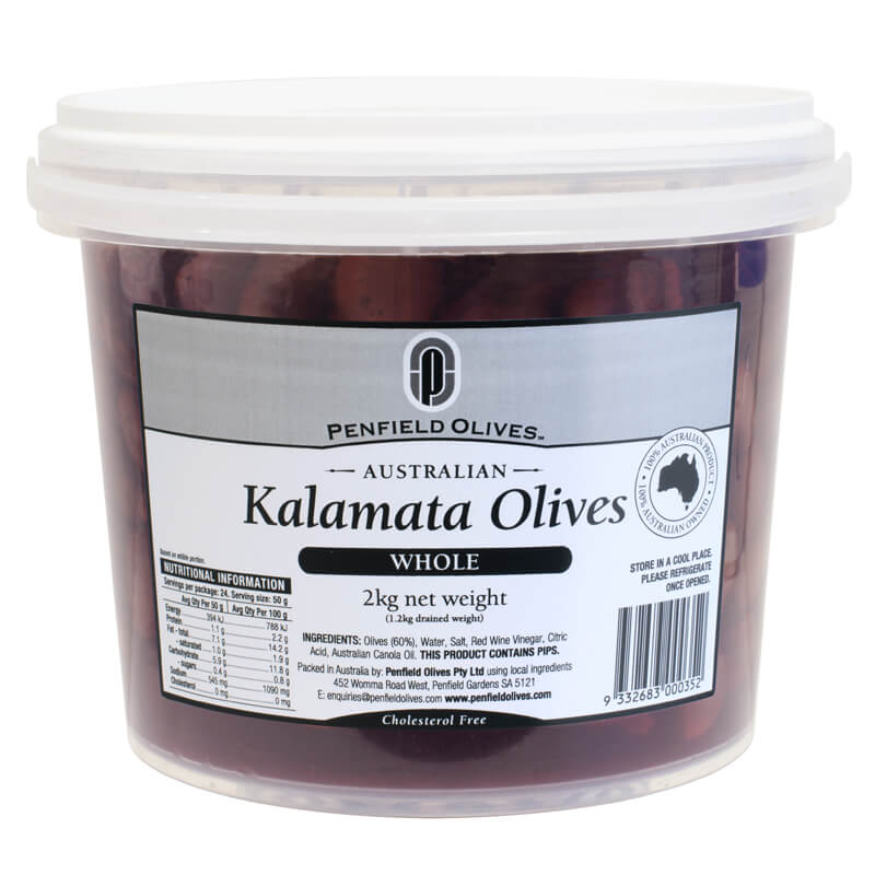 Penfield Olives food service page pic, 2kg Whole Kalamata olives in a clear container with a white lid.