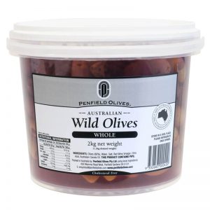 Penfield Olives food service page pic, 2kg Wild Olives Whole in a clear container with a white lid.