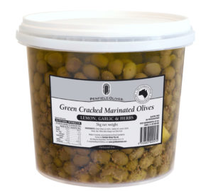 Penfield Olives food service page pic, 5kg Green Cracked Marinated Olives in Lemon, Garlic and Herbs in a clear container with a white lid.