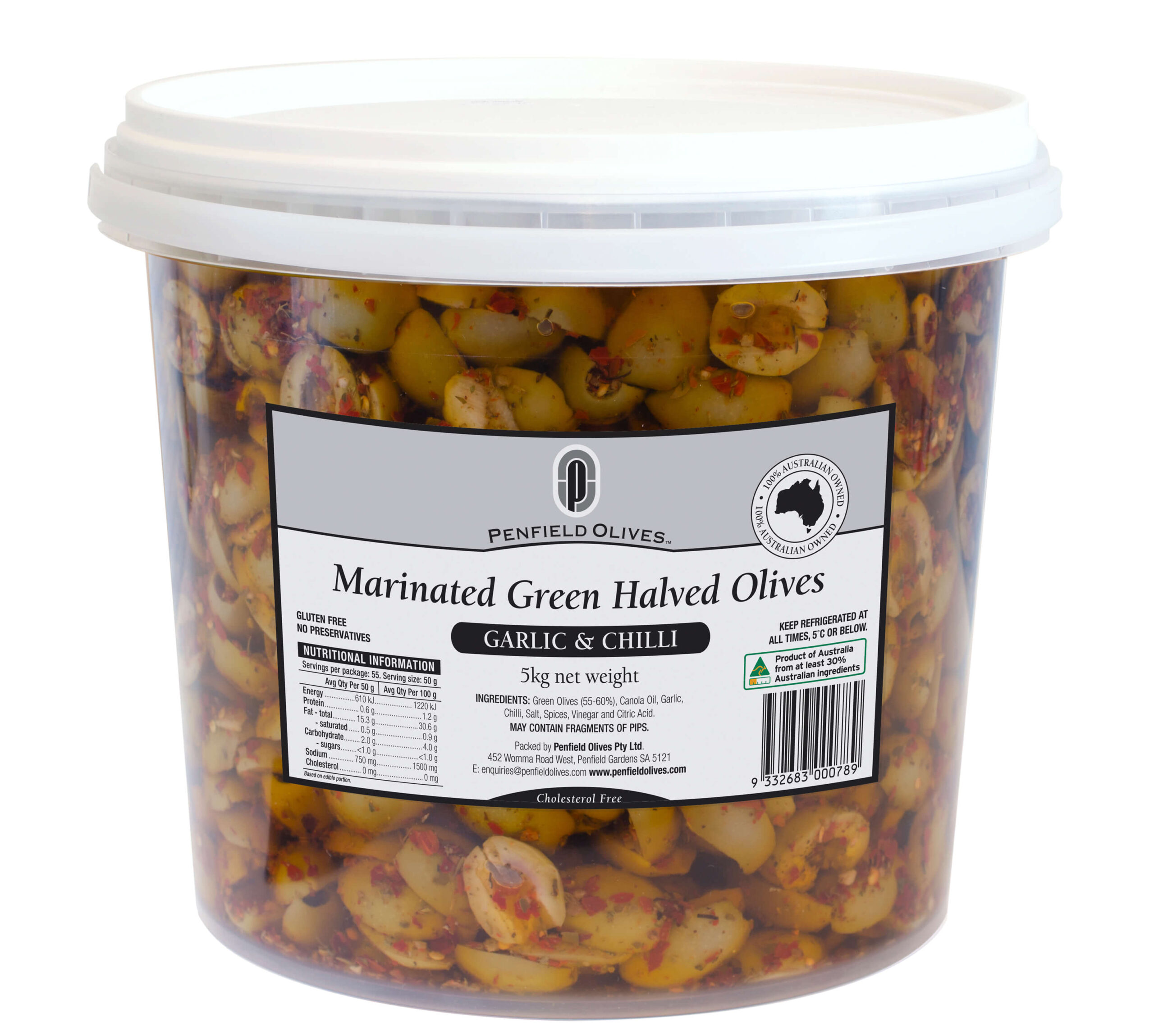 Penfield Olives food service page pic, 5kg Green Marinated Halved Olives in Garlic and Chilli in a clear container with a white lid.