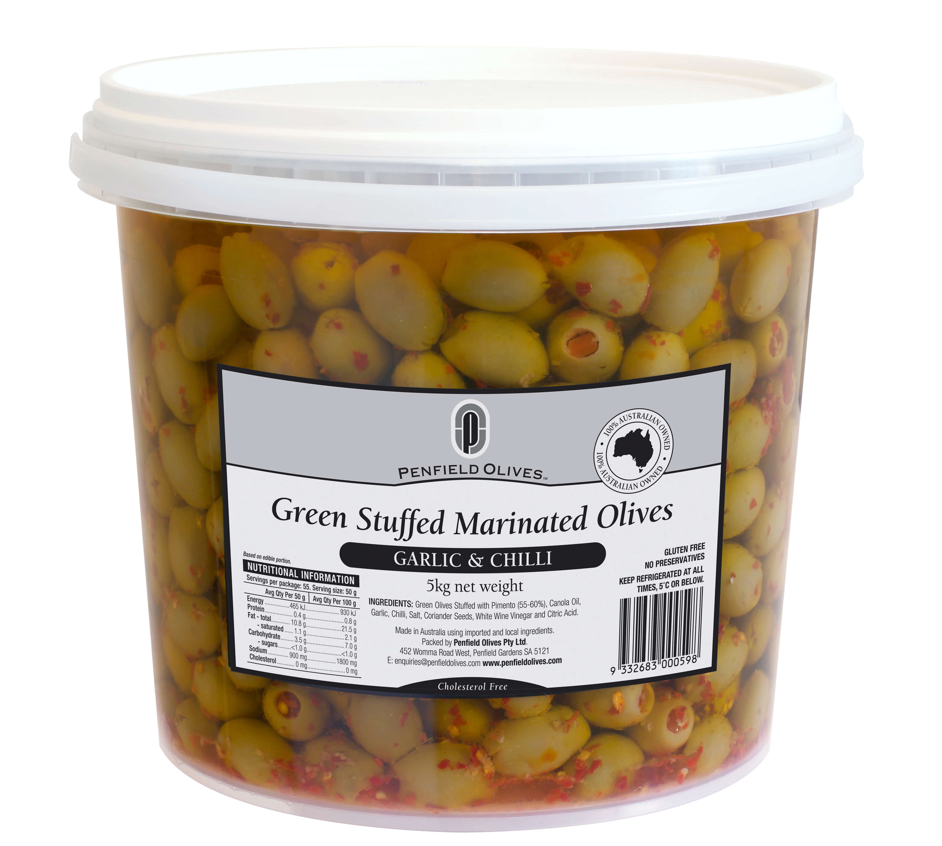 Penfield Olives food service page pic, 5kg Green Stuffed Marinated Olives in Chilli and Garlic in a clear container with a white lid.