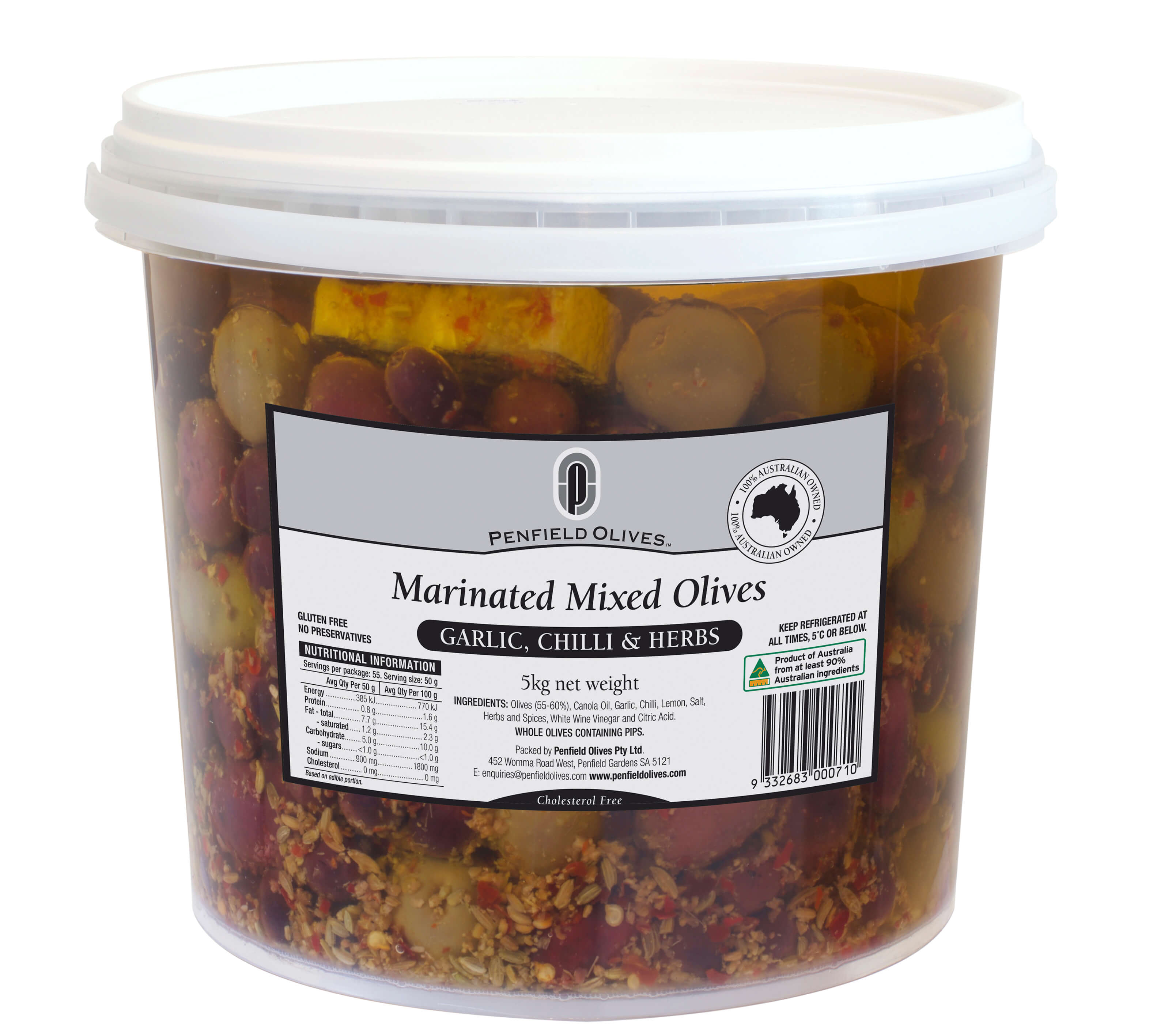 Penfield Olives food service page pic, 5kg Mixed Marinated Olives in Garlic, Chilli and Herbs in a clear container with a white lid.