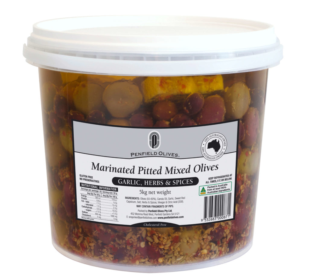 Penfield Olives food service page pic, 5kg Mixed Marinated Pitted Olives in Garlic, Herbs and Spices in a clear container with a white lid.