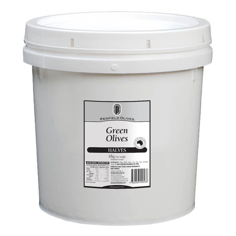 Penfield Olives food service page pic, 10kg Halved Green Olives in a clear container with a white lid.