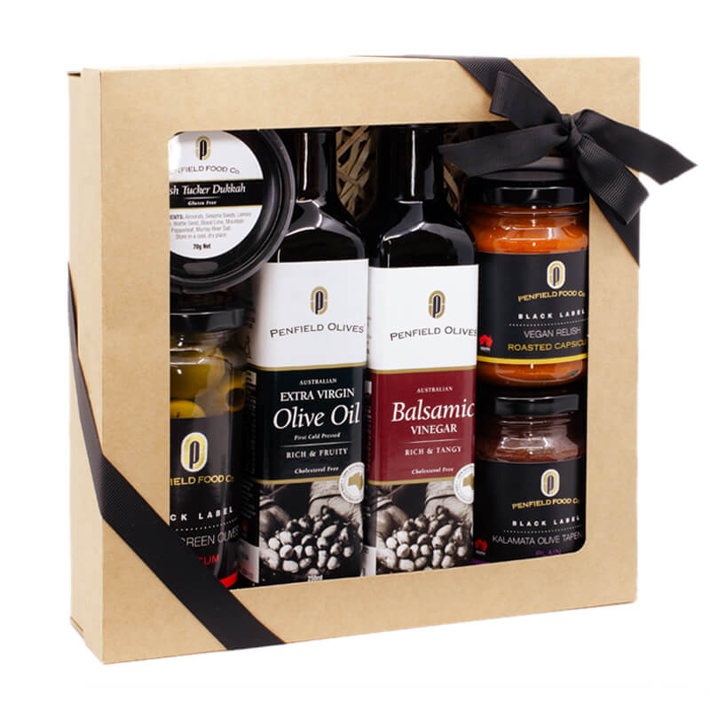 Penfield Olives gift hamper pic filled with their Dukkah, Green Stuffed Olives, Balsamic Vinegar, Vegan Relish and Tapenade.