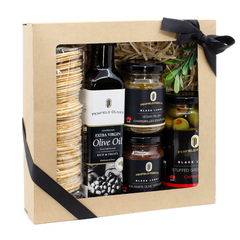 Penfield Olives gift hamper pic filled with their Wafer Buscuits, Extra Virgin Olive Oil, Green Stuffed Olives, Vegan Relish and Tapenade.